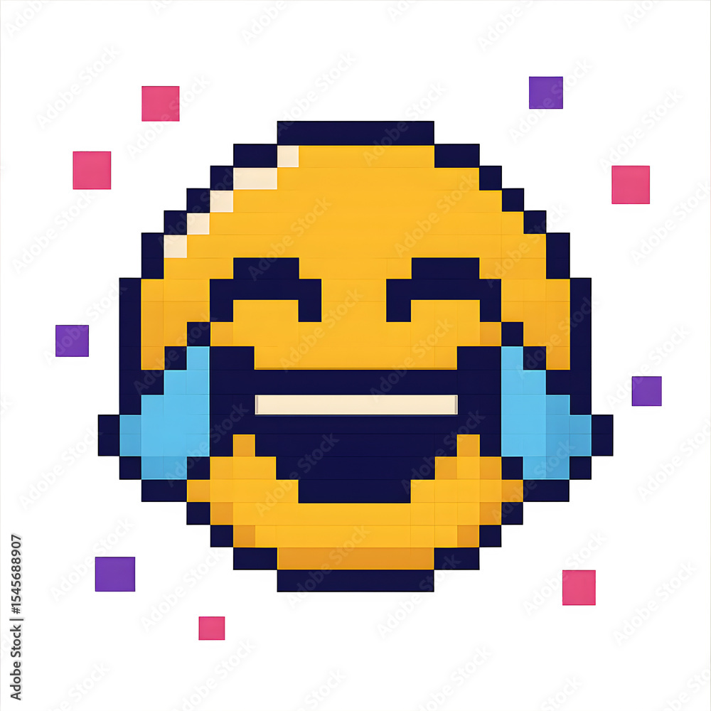 Fototapeta premium 8‑bit pixel art of a laughing emoji with pixelated tears and confetti on transparent background, ideal for social media graphics.