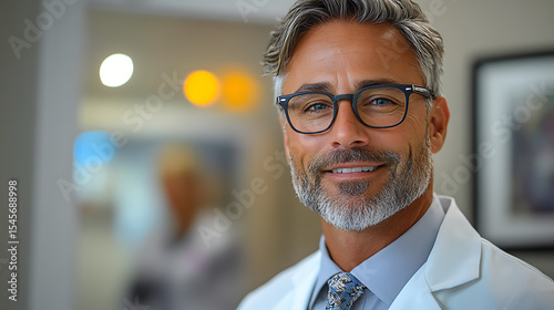 Doctor adjusting tie in front of clean mirror with bright soft background 