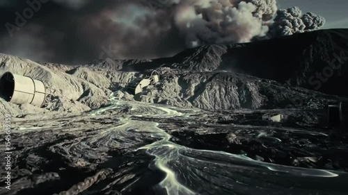 A powerful scene of an active volcanic eruption featuring dramatic lava flows carving through the barren landscape, with thick ash clouds rising into the dark sky.