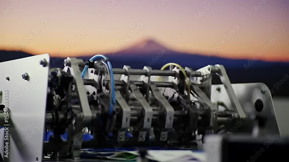 Complex machine w/ arms, tubes, in front of mountain at sunrise/sunset