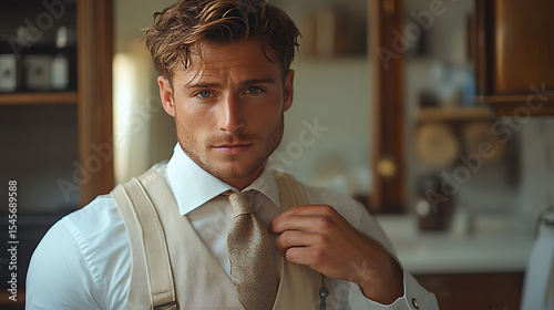 Doctor adjusting tie in front of clean mirror with bright soft background 