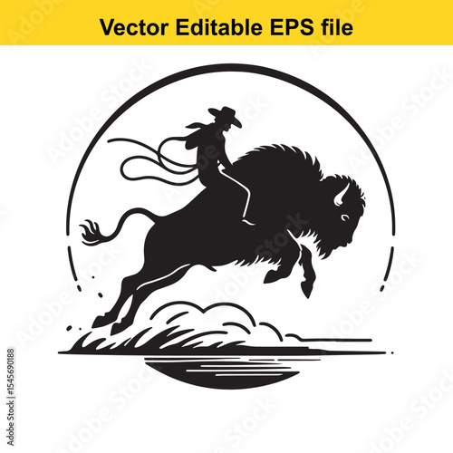 Cowboy Riding a Buffalo in a Circular Frame Vector Illustration, A Symbol of American West Heritage and Wild West Era