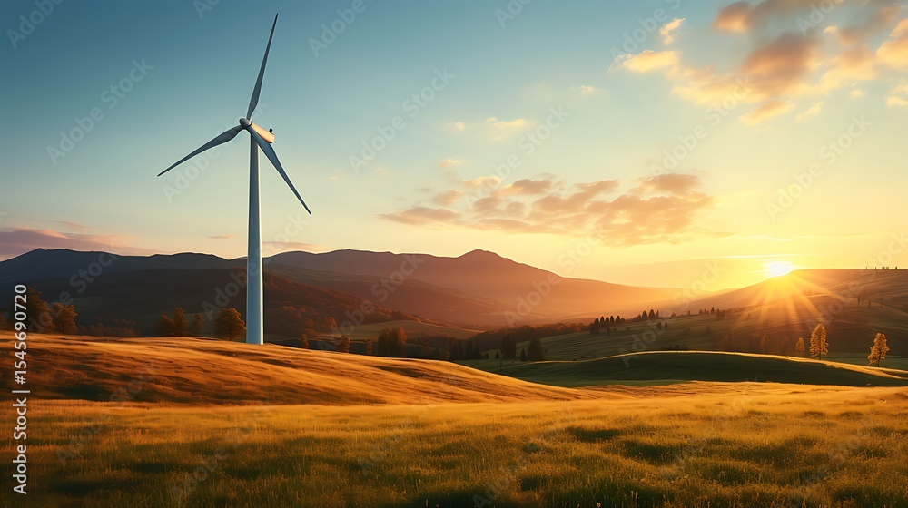 Obraz premium Scenic Landscape with Wind Turbine at Golden Sunset over Rolling Hills and Fields