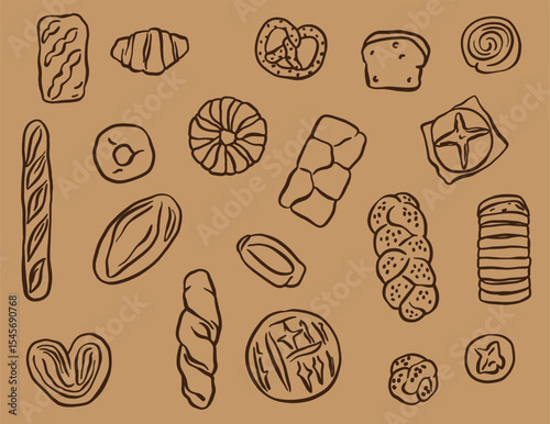 Line art of different types of bread in doodle style, bakery element.