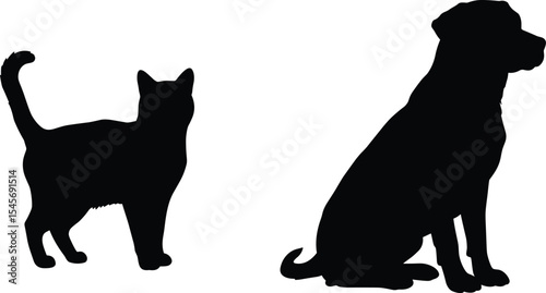 Silhouette of cat and dog, pet animal vector illustration, domestic companions black shape, loyal dog sitting, curious cat standing, isolated artwork for design, pet-themed concept.