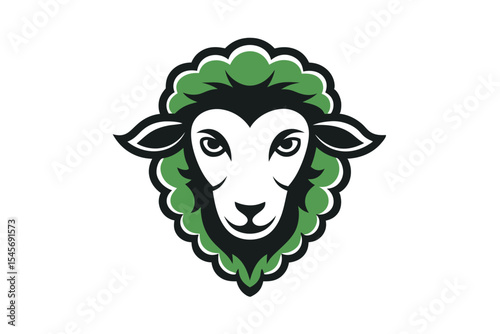 Stylized sheep face with green wool and black trim details evokes rural farm charm