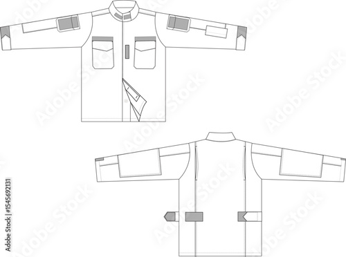 Utility Jacket Front and Back Illustration, Military-Inspired Jacket with Pockets and Straps