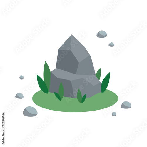 Cartoon rock formation with green grass and pebbles