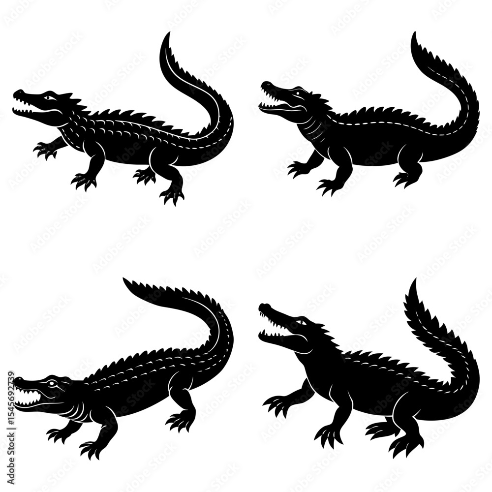 Fototapeta premium Four black alligator silhouettes with open mouths and curved tails on a white background design