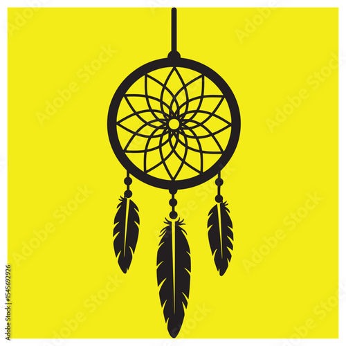Artistic minimalist illustration of a black dreamcatcher with feathers against a yellow background