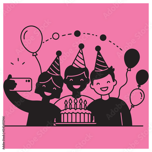 Birthday celebration friends taking a selfie with cake balloons and party hats on pink background