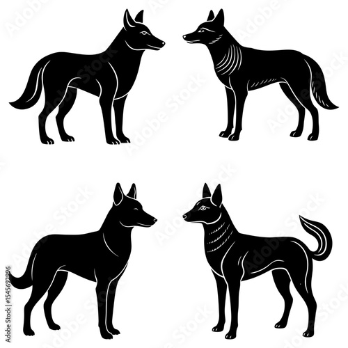 Four stylized black dog silhouettes facing each other on a white background in a symmetrical arrangement
