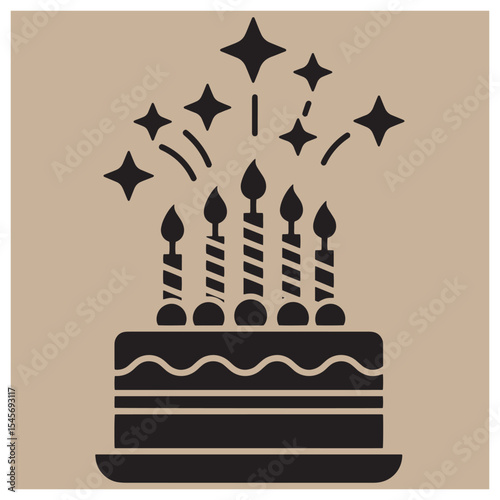 Black and white illustration of a birthday cake with lit candles and festive starbursts