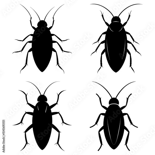 Four black cockroach silhouettes arranged in a square pattern on a white background graphic design image