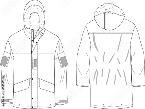 Men's Parka Jacket Front and Back Illustration, Hooded Winter Jacket with Pockets and Details
