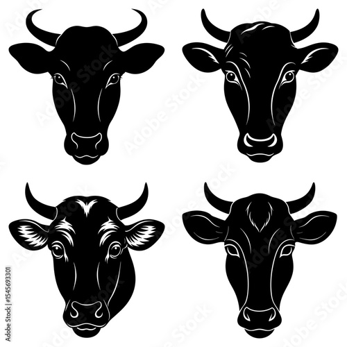 Four black and white cow heads with horns facing forward in a symmetrical arrangement on white background