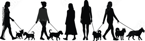 Dog walking silhouettes, women walking dogs, pet care vector, canine companionship, black outline illustration, leash training, domestic animals, active lifestyle, people and dogs clipart,