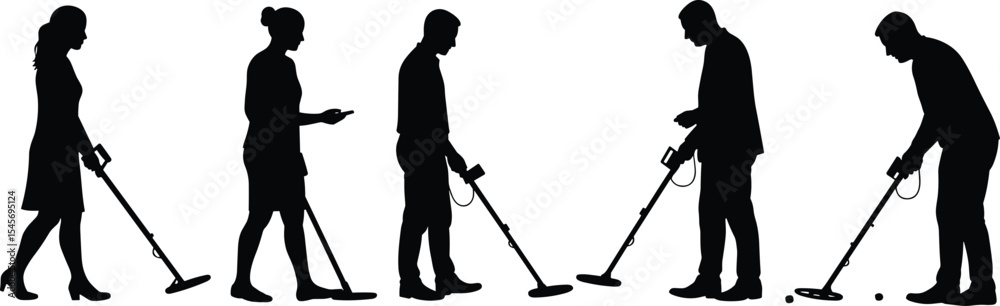 Obraz premium Silhouette people using metal detector, outdoor treasure hunt concept, searching lost objects, exploration activity scene, detectorist group illustration, hobby searching,
