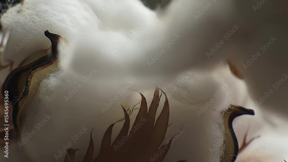 Soft cotton boll with brown husk and fluffy white fibers in a close-up view