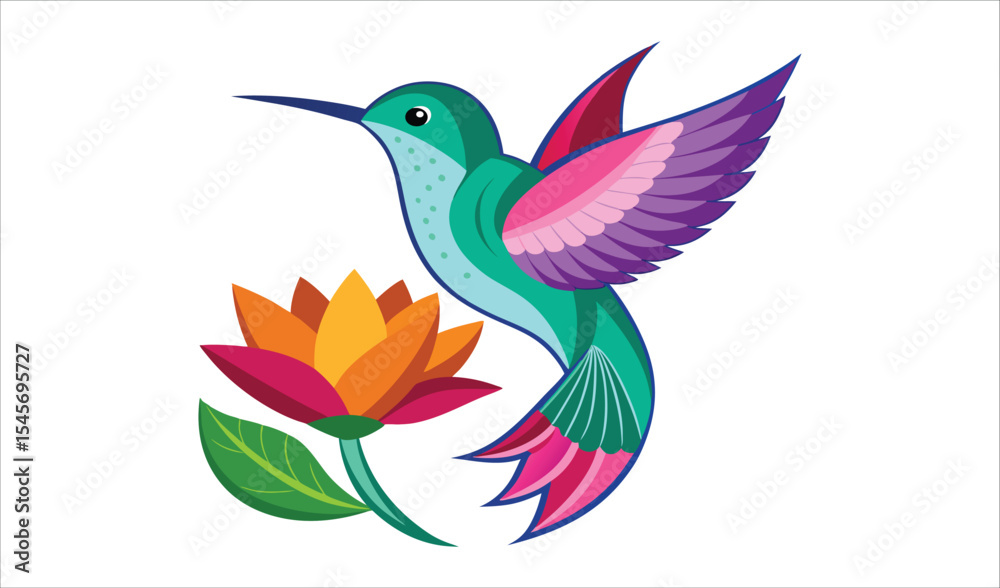 Obraz premium Vibrant hummingbird with colorful flower illustration