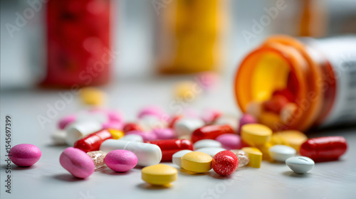 A scene of bottles of various colored medicine spilling out