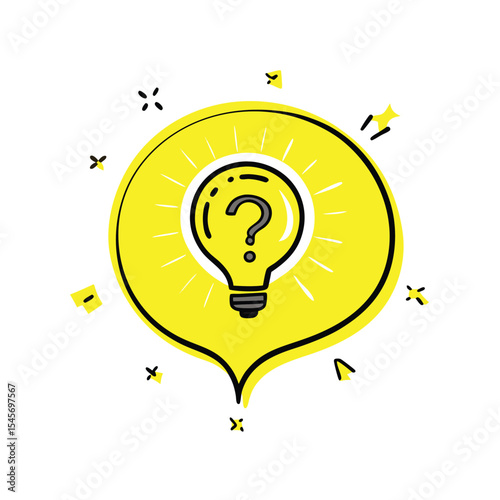 Bright yellow idea illustration with question mark inside lightbulb vector illustration