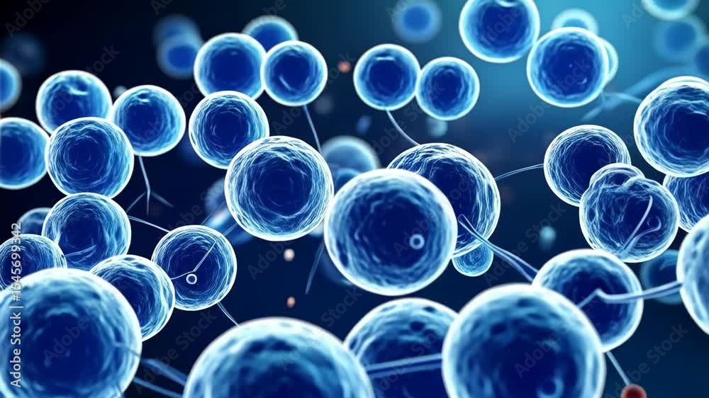Detailed microscopic view of blue cells interconnected with filaments in a dark blue fluid, with cellular structures and connections visible.