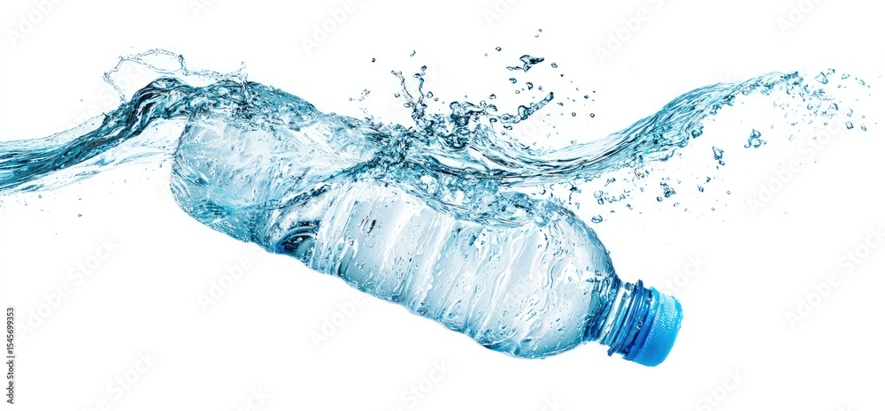 Water bottle submerged, water splashing dynamically around it against a white background Water bottle submerged, water splashing dynamically around it against a white background