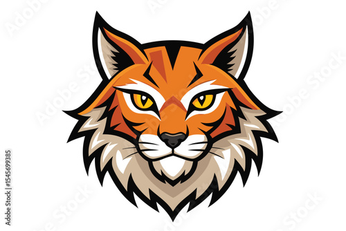 Orange bobcat head fiercely displays golden eyes, its white mane boldly framing its features