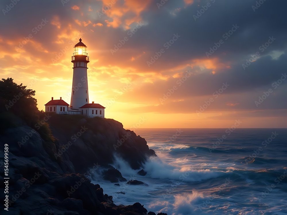 Naklejka premium Lighthouse shines its beam across calm ocean waves under a golden sunset sky. Ideal for travel promotions, maritime safety campaigns, and coastal landscape visuals