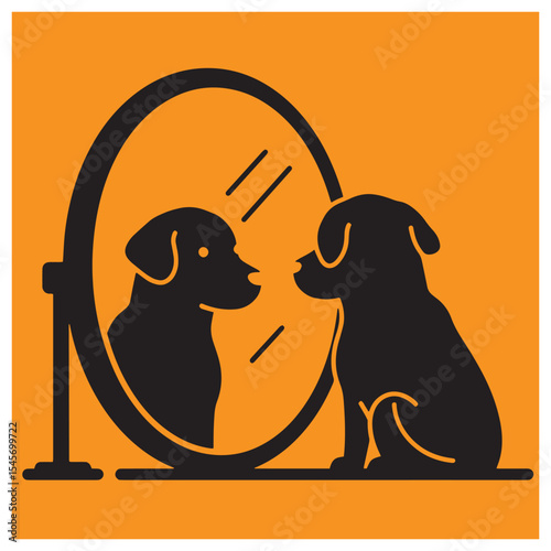 Silhouette dog gazing at reflection in mirror with orange background.