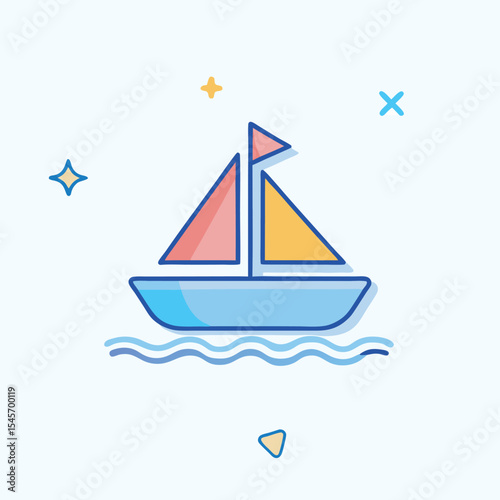 Colorful illustrated sailboat floating on gentle waves amidst sparkling decorative elements