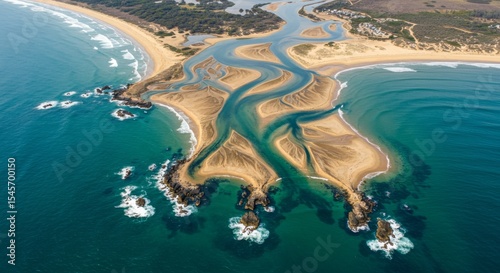 Aerial View of Coastal River Delta Meeting Ocean