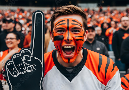 Football fan with face painted in team colors screaming with excitement copy