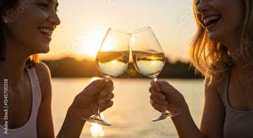 Two Women Toasting with Wine at Sunset by a Lake