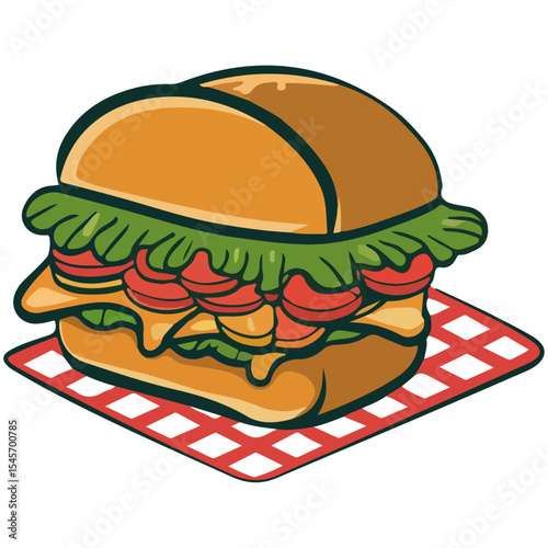 a delicious grilled beef hamburger with melted cheese, fresh lettuce, and ripe tomatoes on a sesame bun, isolated on a white background.