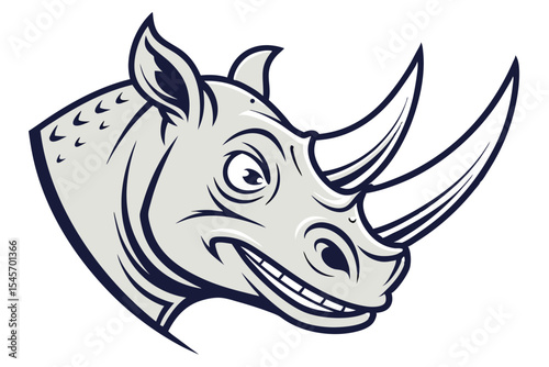 A cartoonstyled rhino head is illustrated with its large horns and happy toothy grin