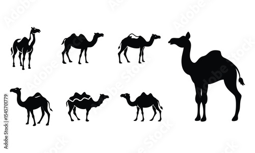 Silhouetted Camels A Collection of Desert Animal Imagery Depicting Various Poses and Camel Types in a Minimalist Black and White Style, ai generated