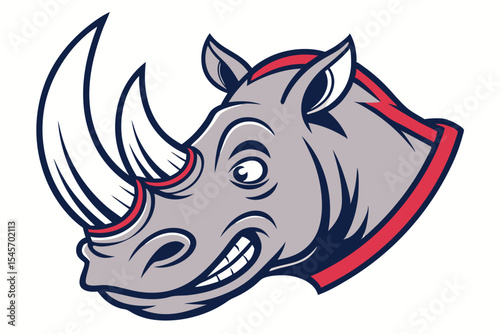 A grey rhino shows a playful grin with prominent red and blue accents