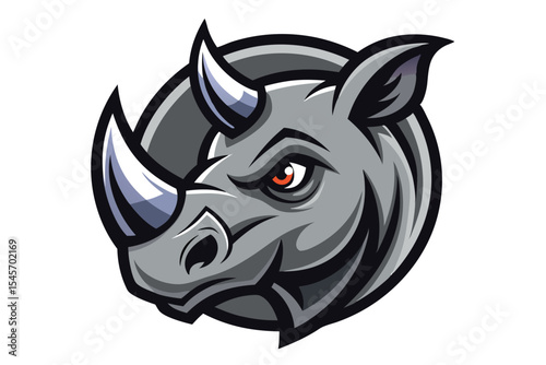 Intense gray rhino head features formidable horn and piercing orange eye on a white backdrop