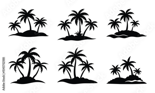Set of Black Tropical Island Silhouettes with Palm Trees for Summer Vacation Designs and Beach Holiday Themed Decoration