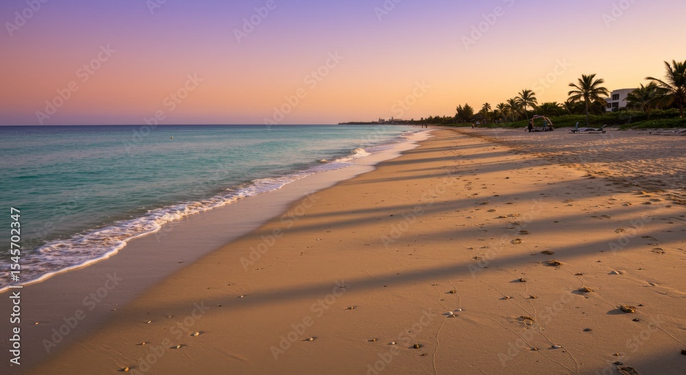 Obraz premium Serene Sunset Over Tropical Beach with Palm Trees