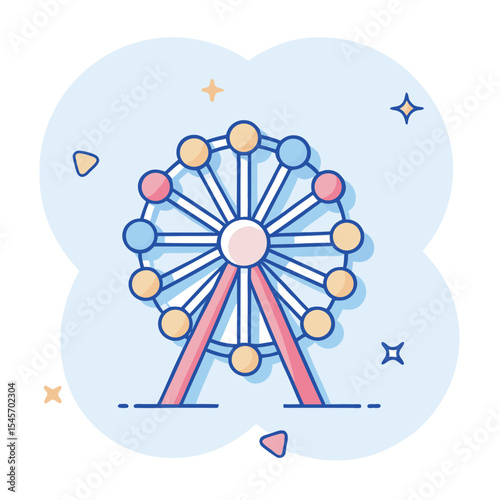 Whimsical vector illustration of a colorful cartoon ferris wheel in a comic book style