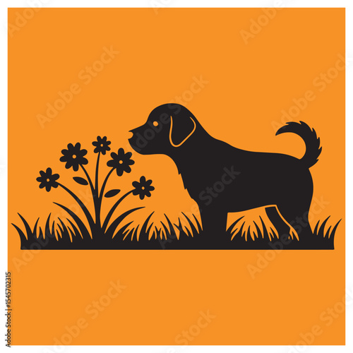 Silhouette of a dog sniffing flowers in a field with orange background vector illustration