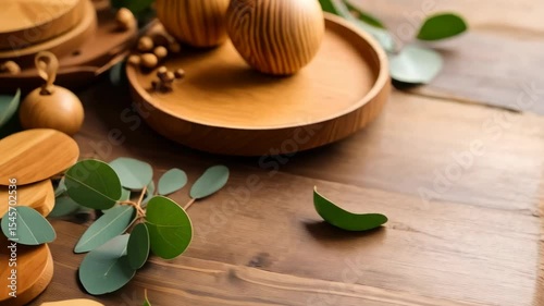 Wallpaper Mural Arrangement of wooden tableware, spheres, and eucalyptus foliage displayed on dark wood surface for artistic or decorative purposes Torontodigital.ca