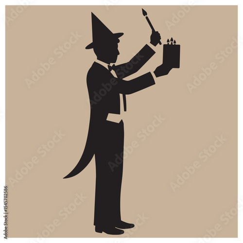 Silhouette of a magician lighting candles in a formal suit and top hat