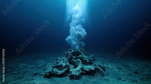 Underwater Volcanic Eruption in Deep Blue Ocean Illustrating Unique Hydrothermal Vent and Bubbling Clouds Rising from Ocean Floor
