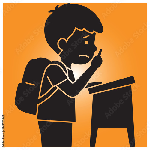 Silhouette of a schoolboy pointing at a desk against a gradient orange background
