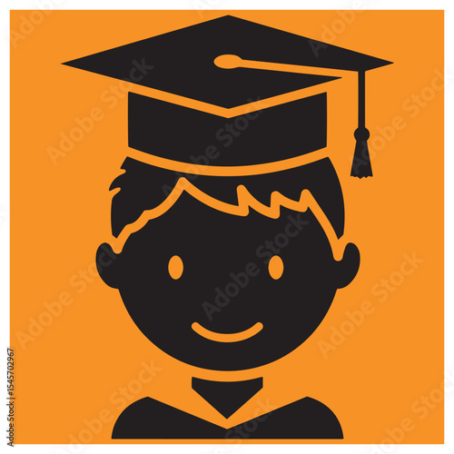 Silhouette of a smiling graduate boy wearing a cap and gown on orange background