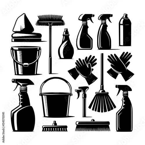 Cleaning supplies icons black and white set